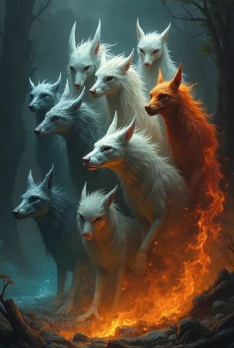  A dramatic reunion of the seven creatures , each with a unique look:  Lyre with silver skin and wolf eyes ,  Nereus with a body made of glowing water , Azura shrouded in flames ,  and other creatures with mystical characteristics .  Each of them shows a m...