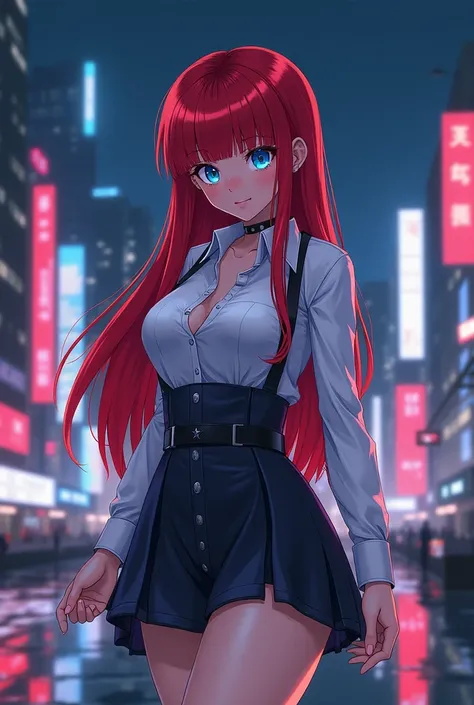  anime girl image,  WITH PERFECT BODY ,  long red hair ,  blue eyes,  short dress ,  blouse in the foreground,  realistic drawing inspired by the video game Cyberpunked, with a futuristic city background at night . 