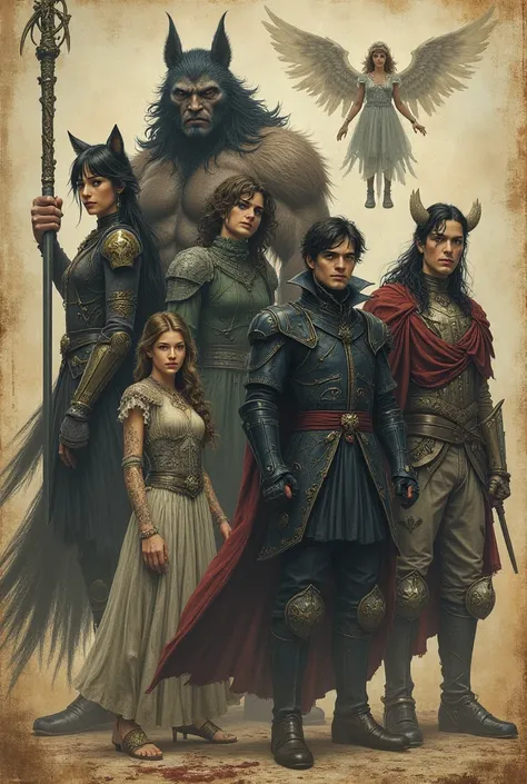 A book with 7 creatures, A half-wolf woman, a water giant  , A skinny vampire with a pretty cape and with a vampire cape and outfit , A titan of fire, Spectre of Chaos a Black Smoke Entity, A forgotten knight, And a pretty angel floating in the sky.