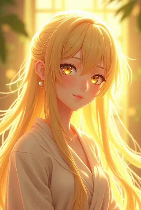 Blonde girl, 3d anime style, sweet,  yellow eyes, Healer's clothing, graceful expression , transmitting healing and trust, yellow aura, relatively mature appearance,  long hair