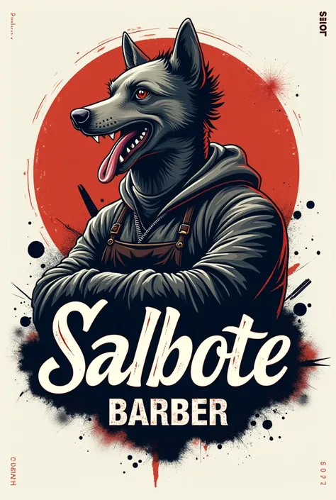 Logo for a barber shop whose name is  "Salbote Barber ".  that has urban letters and a barber with the head of a male cabrio