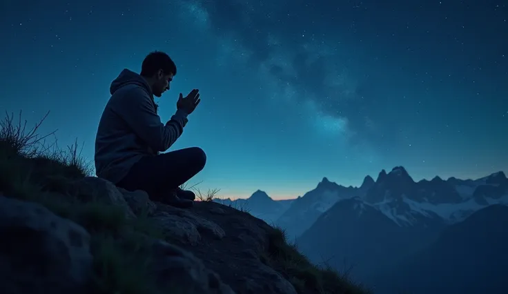 A man seated on a mountainside, praying under the stars.