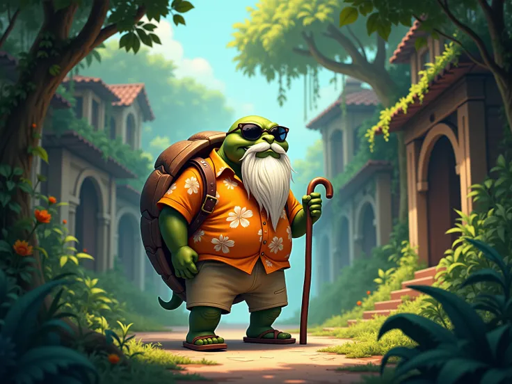 

" An elderly turtle with the spirit and attitude of Master Roshi ,  with a large shell and details in shades of brown and green .  he wears dark sunglasses ,  a long white beard that touches the ground ,  and a wooden cane with a rustic design in his han...