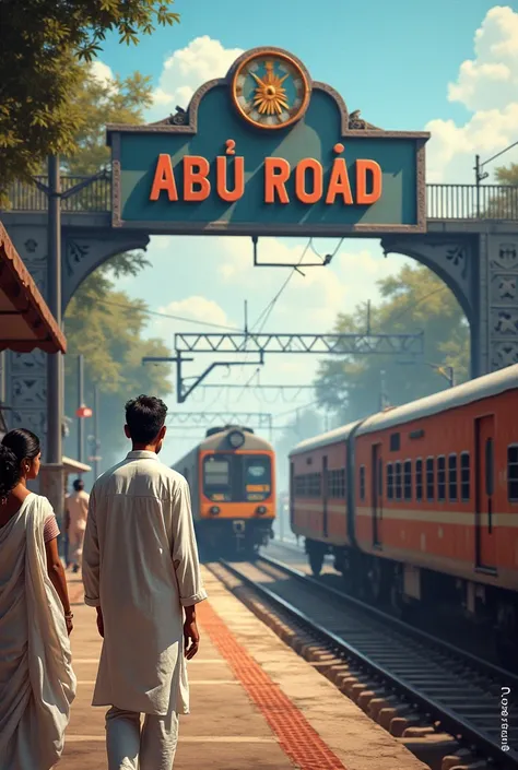 Railway station with board railway station name abu road and train show on platform and aadmi white kurta and women white sharee

Image create