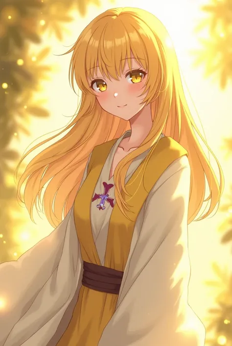  Blonde girl,  anime style, sweet,  yellow eyes, Healer's clothing, graceful expression , transmitting healing and trust, yellow aura, relatively mature appearance,  long hair,  beautiful scenery, beautiful art