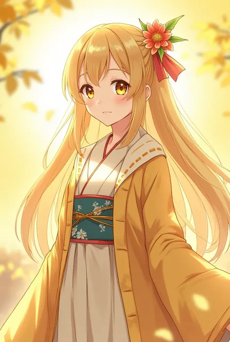 Blonde girl,  anime style, sweet,  yellow eyes, Healer's clothing, graceful expression , transmitting healing and trust, yellow aura, relatively mature appearance,  long hair,  beautiful scenery, beautiful art, kimono branco