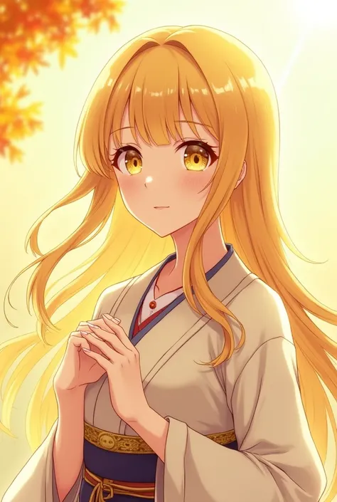 Blonde girl,  anime style, sweet,  yellow eyes, Healer's clothing, graceful expression , transmitting healing and trust, yellow aura, relatively mature appearance,  long hair,  beautiful scenery, beautiful art, kimono branco