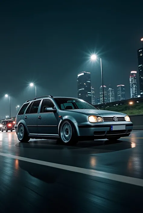 Volkswagen Golf Familiar Variant color gray from the year 2002,  lowered , with bbs lm tires,  tires on a high-speed highway, skyscrapers in the background ,  After the rain ,  at night.  motion blur .