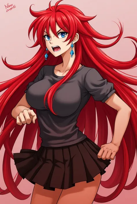  Rias Gremory  (high school dxd), 1 girl, Alone ,  body masterpiece, alta resolución,  anatomically correct,  best quality skirt,  super detailed,  Textured skin ,  long hair,  red hair face,  messy hair, Blue eyes,  big breasts,  Diamond-Shaped Earrings, ...