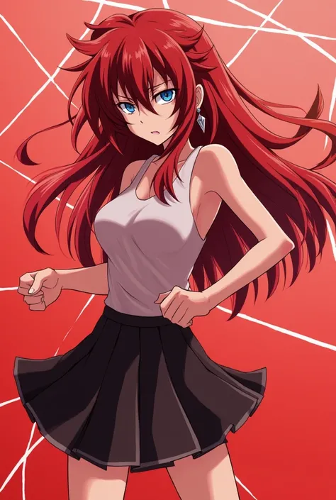  Rias Gremory  (high school dxd), 1 girl, Alone ,  body masterpiece, alta resolución,  anatomically correct,  best quality skirt,  super detailed,  Textured skin ,  long hair,  red hair face,  messy hair, Blue eyes,  big breasts,  Diamond-Shaped Earrings, ...