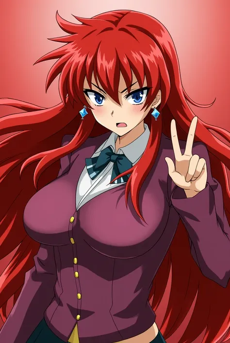  Rias Gremory  (high school dxd), 1 girl, Alone ,  body masterpiece, alta resolución,  anatomically correct,  best quality skirt,  super detailed,  Textured skin ,  long hair,  red hair face,  messy hair, Blue eyes,  big breasts,  Diamond-Shaped Earrings, ...