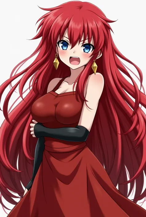  Rias Gremory  (high school dxd), 1 girl, Alone ,  body masterpiece, alta resolución,  anatomically correct,  best quality skirt,  super detailed,  Textured skin ,  long hair,  red hair face,  messy hair, Blue eyes,  big breasts,  Diamond-Shaped Earrings, ...