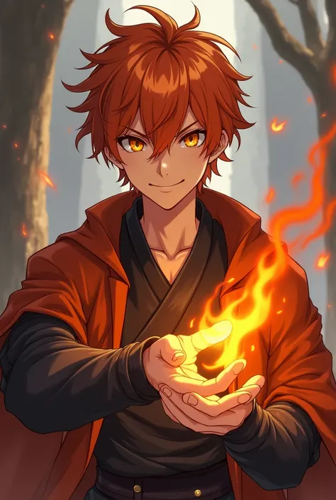  A man, messy orange hair, age clothes,  an orange eye and a yellow eye,  Medieval scenery , Fire Magic, fire in the hands,  young , warrior, Mature Appearance,  penetrating look,  confident smile,  anime style,  not so mature appearance, slim physique , l...