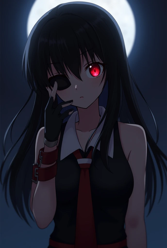 Akame (Akame ga kill!), ( body masterpiece,  best quality), ((( moonlit night ,  intricate details, lush detail,  incredibly detailed face,  beautiful red eyes ,  glowing skin, Sharp eyes))), (( indoors ,  dramatic shadows ,  vibrant colors ,  backlight , ...