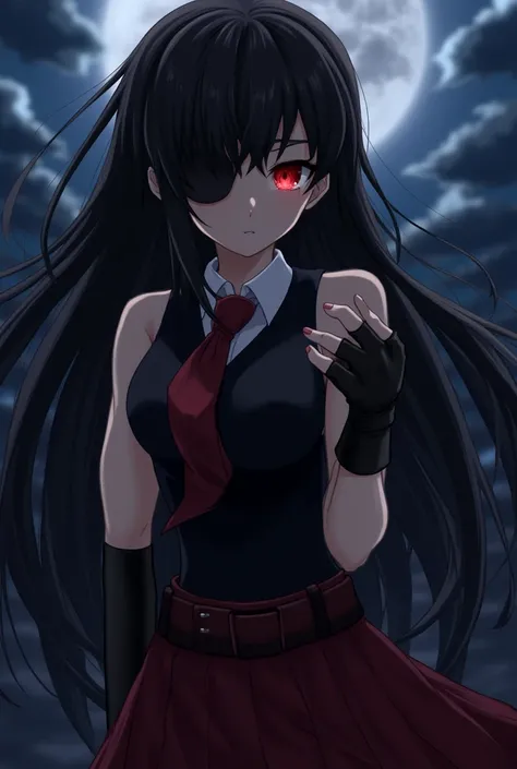 Akame (Akame ga kill!), ( body masterpiece,  best quality skirt), ((( moonlit night ,  intricate details, lush detail,  incredibly detailed face,  beautiful red eyes ,  glowing skin, Sharp eyes))), (( indoors ,  dramatic shadows ,  vibrant colors ,  backli...