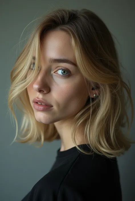 Photo of a blond woman with round face and medium hair covering her face