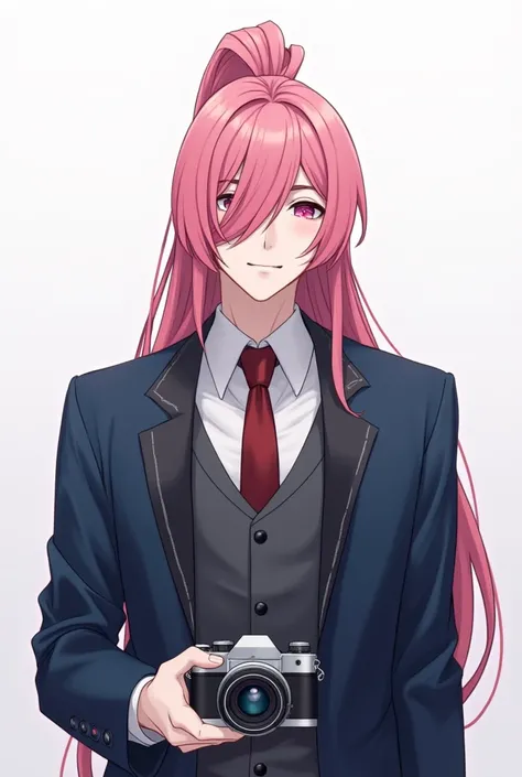 A 23-year-old adult boy,Manwha style,  pink hair in a high pony and their hair loose at the bottom, pink eyes and white skin. blushing. Yandere style.   She wears a normal suit and a navy blue coat.   He has a muscular build but without being exaggerated. ...