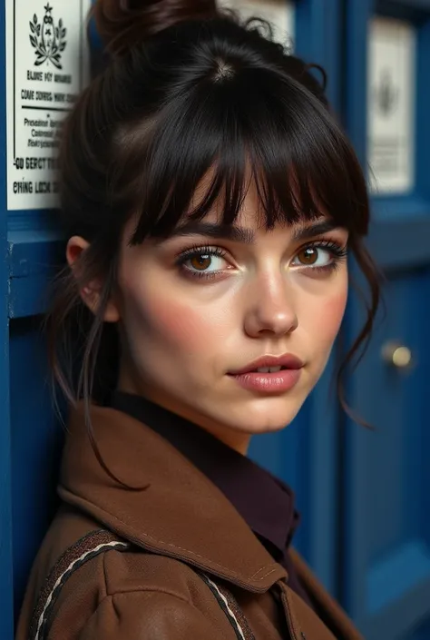 jenna coleman young, brown eyes, fringe, blue box