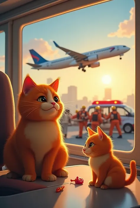 Scene 1: Airport
Prompt: An orange chubby cat and its equally chubby orange kitten stand in a bustling airport, with the kitten curiously sniffing around, while the cat looks at the flight schedule board anxiously.

Scene 2: Inside Airplane
Prompt: Inside ...