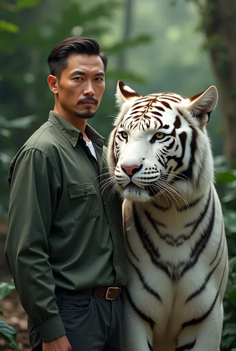 A 43-year-old man with thin hair ,   neat and sturdy body standing with a white tiger.