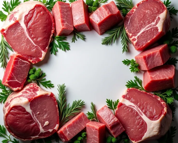  Create a detailed background for a butcher banner .  The design should display a variety of cuts of pork ,  like ribs ,  steak , tripe , Toucinho, Lard, ear, late, ham, Lombo ,  spine ,  organized attractively and crisply .  Meats should look fresh ,  wit...