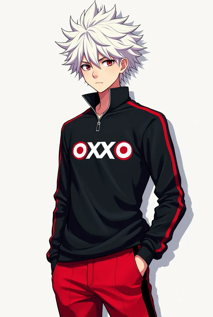 Anime man with oxxo polo shirt and white hair and with black sleeves and red pants with black stripes 