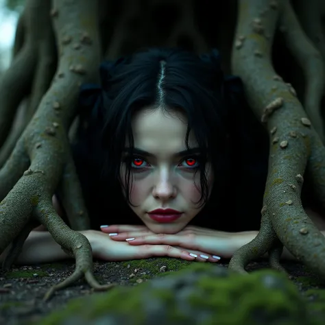 Head of a woman, chin resting on a moss-filled rock.  red eyes, Penetrating, seductive and perverse .  Twisted roots of an old oak tree , In the background.