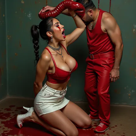 Beautiful asian woman with braided pigtails, huge breasts, ponytail, cleavage showing, red & white tank top, choker around neck, hoop earrings, white & red pencil tight leather mini skirt, white high heels. Woman is kneeling on ground with her hands bound ...