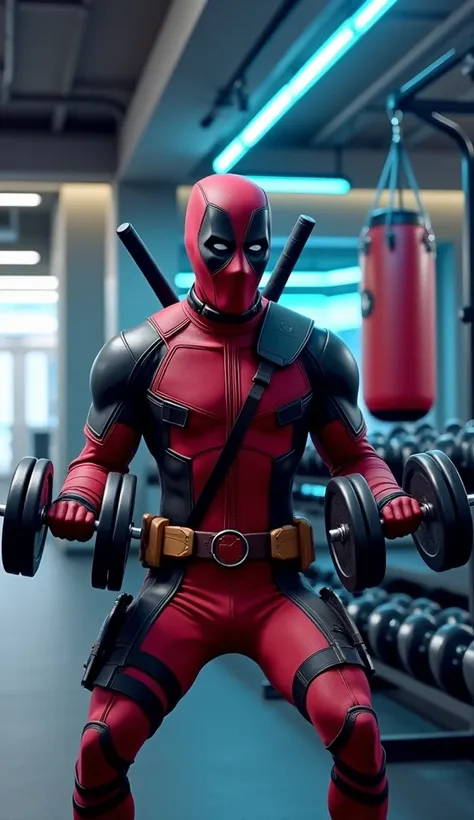 "Deadpool, as portrayed in the Marvel movies, is in a modern gym, performing a full-body workout with his unique flair. He’s wearing his iconic red and black suit, with the mask slightly pulled up to show his face, grinning mischievously. Deadpool is doing...