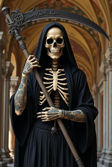 a Santa Muerte image with Renaissance style mixed with Yakuza tattoo style