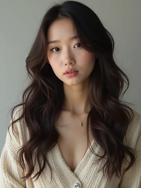 Beautiful Korean woman is well dressed with a wavy long haircut and her whole body is covered except the head 