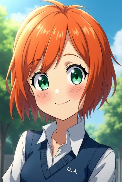 Background of the UA of My Hero Academia character girl green eyes orange hair color short hair smiling and with scars on her face wearing blue UA dress with scars and Happy Face😀