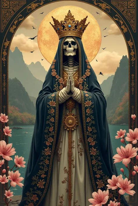 A Santa Muerte image with Renaissance style mixed with japanese art style