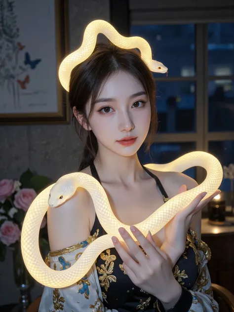 A stunning young woman with glowing, luminous snakes as her hair, each snake radiating soft neon light. Her skin is smooth and porcelain-like, with a faint shimmer under the moonlight. Her deep-set eyes glow with an ethereal hue, and her expression is sere...