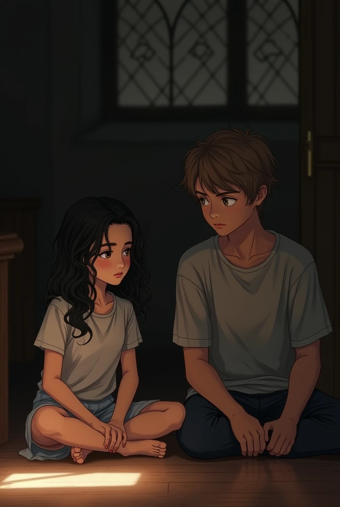 in realistic format ,  a girl and a boy of about seventeen years old sitting on the floor of a dimly lit chapel.  The girl has wavy black hair up to the middle of her back , The fair skin, the slender body ,  freckles and a serious expression ,  her serene...