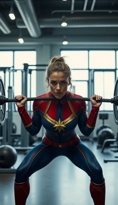 Captain Marvel, as portrayed in the Marvel movies, is in a sleek, high-tech gym, performing intense squats as part of her rigorous training. Carol Danvers is wearing her signature red, blue, and gold athletic gear, which is both functional and reflective o...