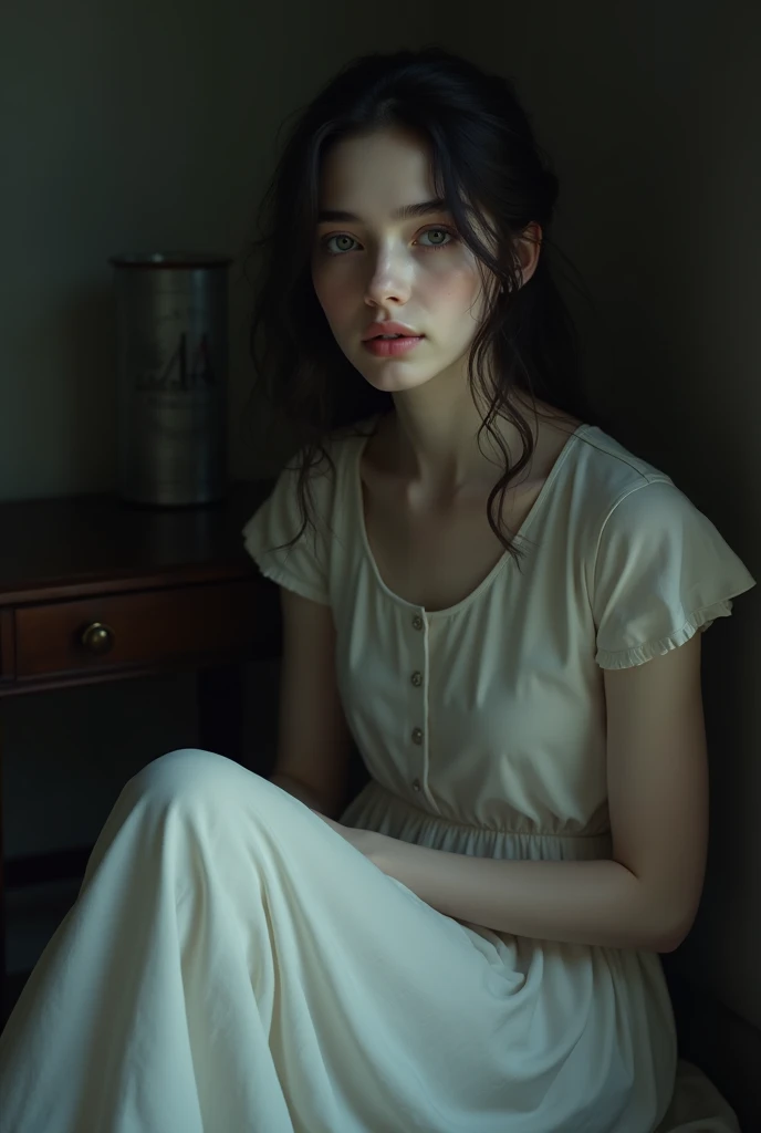 Girl with light gray eyes, dark wavy hair, fair skin and a soft expression, sitting in a dimly lit place, wearing a simple long dress.