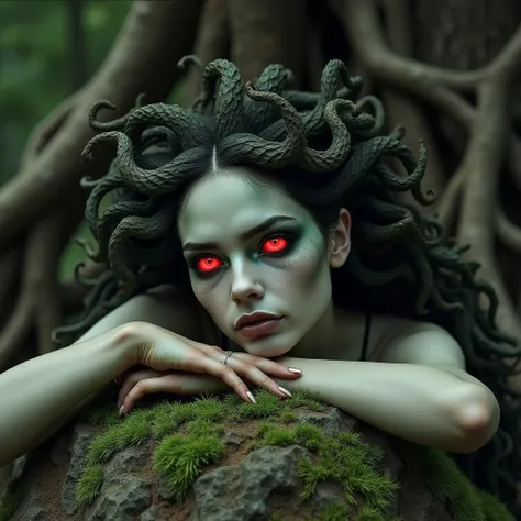 medusa from greek mythology, chin resting on a moss-filled rock.  brand.  extremely pale skin .  red eyes, Penetrating, seductive and perverse .  Twisted roots of an old oak tree , In the background.  extremely realistic.