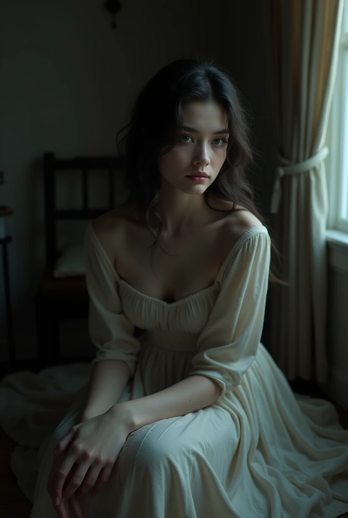 Girl with light gray eyes, dark wavy hair, fair skin and a soft expression, sitting in a dimly lit place, wearing a simple long dress, his features are of English descent.