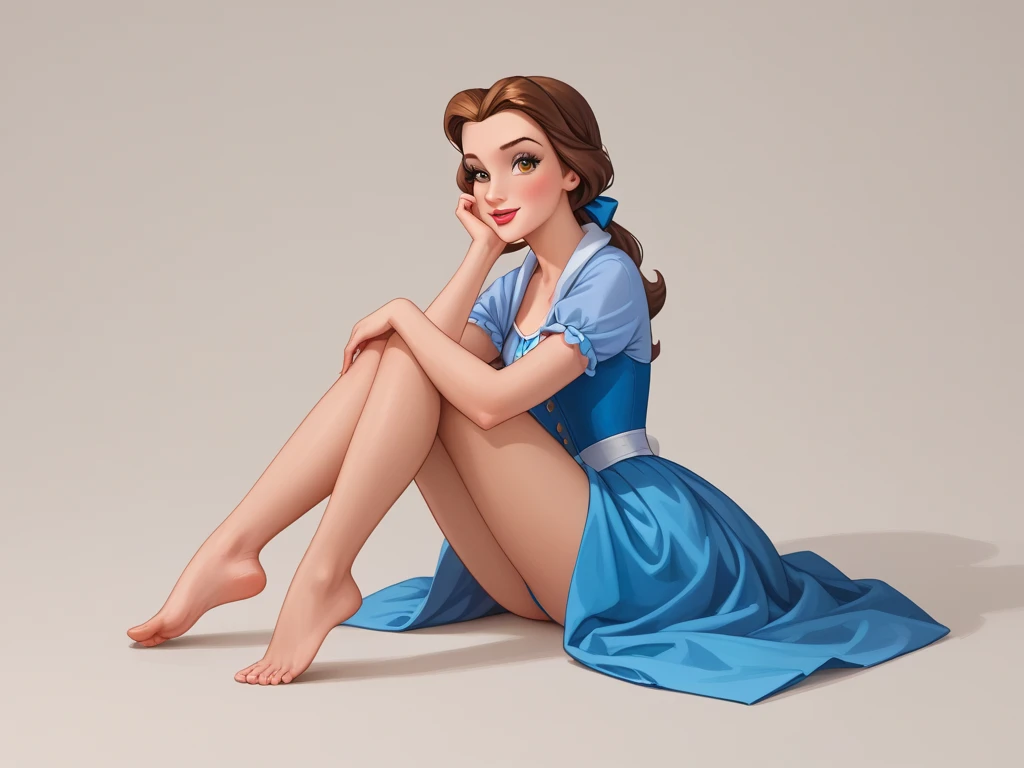 PonyXLV6_Scores ,source_anime, masterpiece,best quality, highly detailed, full body view,BREAK Belle, 1girl, porcelain doll, solo, brown hair, hazel eyes, naughty face, small beautiful feet, blue bow, ponytail, Disney 3D render, (Belle showing her soles to...