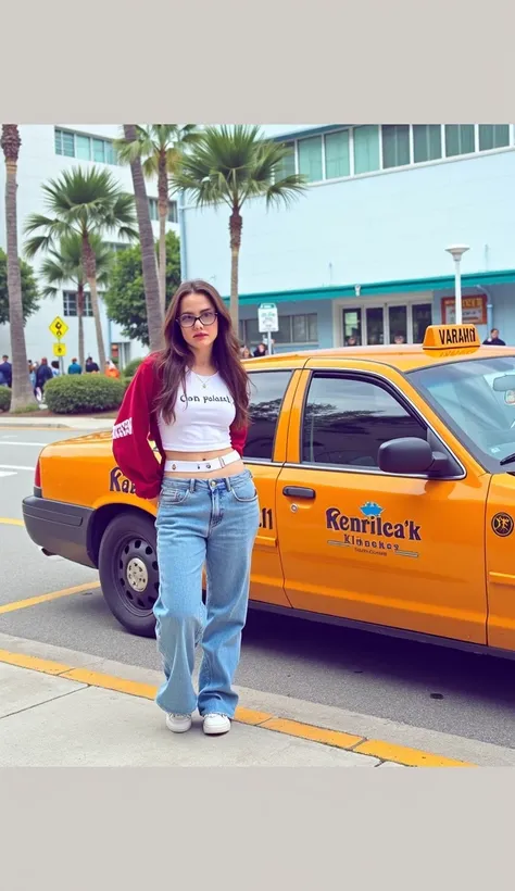  Athletic girl with big buttocks in frayed tight blue jeans, orange sneakers and white t-shirt with large breasts ,  side view 