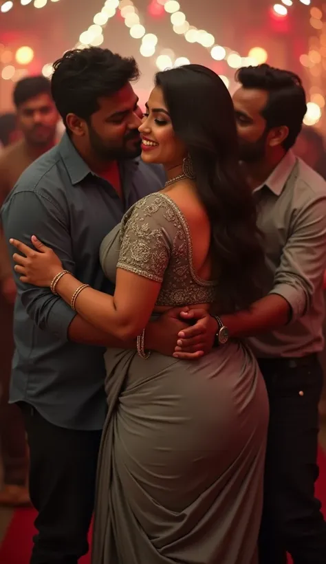 Back view,Full body image, indian hourglass body, Indian plus sized 29 year old Telugu anchor syamala, lovely face, mouth slightly open, partially closed eyes wearing highly embroideried gray colour silk deep neck blouse and gray colour low waist silk body...