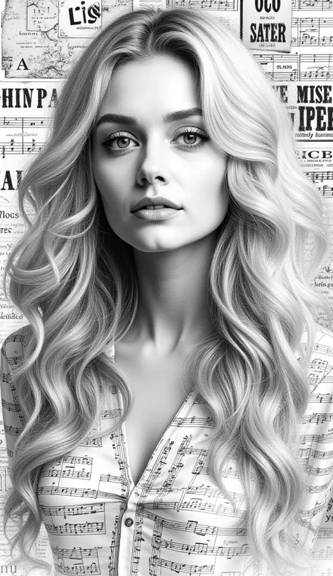 intricate pencil sketch illustration collage of a pretty woman with soft lush
curly warm white long hair, on collage of fashion magazine headlines cutouts,
musical notation paper scraps, cinematic precision, b&w, creative, detailed eyes,
sharp focus, by Gu...