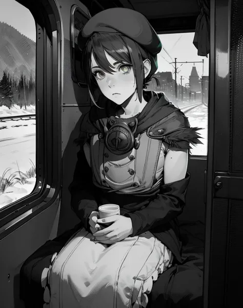 (((beautiful detailed)))(cute face:1.2)1girl, giant, barbarian, Feedsack outfit, beret, disappointed, downcast, Looking out the window with a melancholy expression, Travel bag,(sharp lines:1.2)(clear line:1.2)(eye details:1.3)(thick border:1.4) picture-boo...