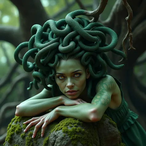 medusa from greek mythology, chin resting on a moss-filled rock.  greenish skin.  red eyes, Penetrating, seductive and perverse .  Twisted roots of an old oak tree , In the background.