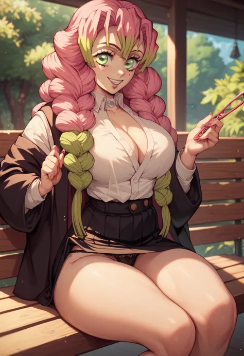 Mitsuri Kanroji big curly pink hair green eyes big breasts scarred abdomen thick thighs black blouse large black skirt sitting on the bench black panties dental floss thick thighs sexy