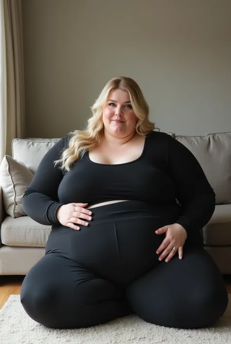 plus-size model wearing tight athleisure apparel, white woman, elegant blonde hair, beautiful face, perfect face, massive body, laying down on the floor, too fat to stand up, morbidly obese, weighs 1000 lbs, extremely overweight, extremely wide hips, wides...