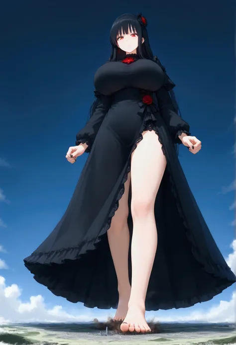 1girl,solo,long black hair,red eyes,huge breasts,black gothic dress,giantess,landscape,giga giantess,continents, macro, Walking, footprints, full body, full body view, looking down.