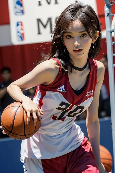 (((Female professional basketball player))), 
(((She jumps under the goal and shoots the ball towards the goal:1.3))), 
NBA, (((dunk shot, basketball:1.3))), 
((cowboy shot)), from front, look at viewer, nsfw, 
1 girl, sexy and beautiful girl, shiny skin, ...