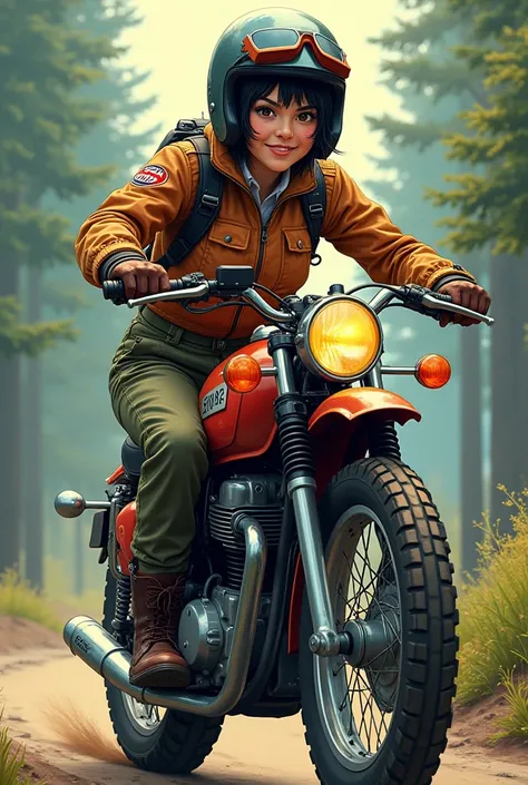 A beautiful Japanese beauty with a bright smile  short, Messy black hair,   cargo pants with flight jacket  , Durable boots,  helmet,   gloves　Front turn signal 　block pattern tire , Vintage Goggles,  Ride a heavy duty vintage motocross bike with tools in ...